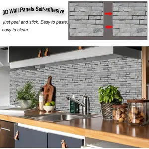 3D Faux Brick Wall Panel, 10-Sheet Peel and Stick Tiles, 12"X12", Small Size Thin PVC Adhesive Fake Paneling Backsplash Background,Travertine Gray,Living Room Bedroom Kitchen Interior Wall