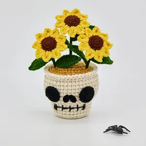 Mother's Day Gift, Halloween Gift, Handmade Crochet Skull Planter with Sunflowers, Spooky Fall Decoration, Birthday, Anniversary Gift for Her, Girlfriend, Wife, Friend, Includes Card, Cute Horror Ornament, Holiday Home Decor