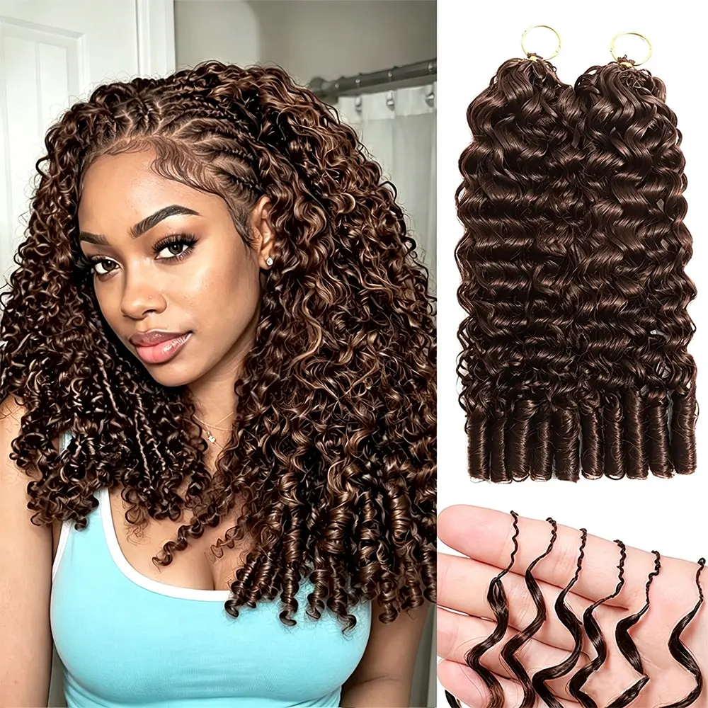 New 2026 Ramiss 4# Brown Burmese Curly Crochet Human Hair Pre-Separated 50g/Pack Time-Saving, 40 Strands/Pack Mircale Knots Hot braids,4-5 Packs for Full Head Protective Styles Light Weight No Tension Reusable Feather Crochet