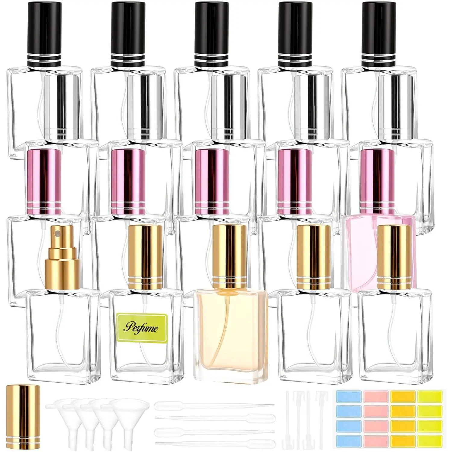 20-Pack 15ml Vintage Empty Refillable Glass Mini Perfume Bottles with Sprayers, Droppers, Funnels - Portable Multicolor Cosmetic Storage Jars for Travel Decants, DIY Gifting