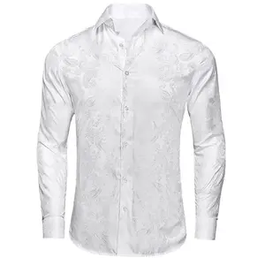Men's Luxurious Formal Casual Bright White Long Sleeve Dress Shirt Paisley Print Party Wedding Button Shirt
