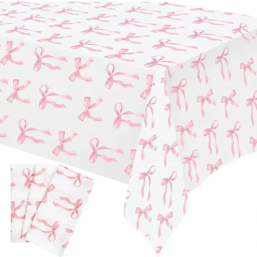3Pcs Set Pink Bow TableCloth，Coquette Bow Table Cover Rectangle Pink Tablecloth，Disposable Tablecovers，Coquette Party Decorations For Wedding Engagement Bridal and Birthday Decor Party Decoration Supplies