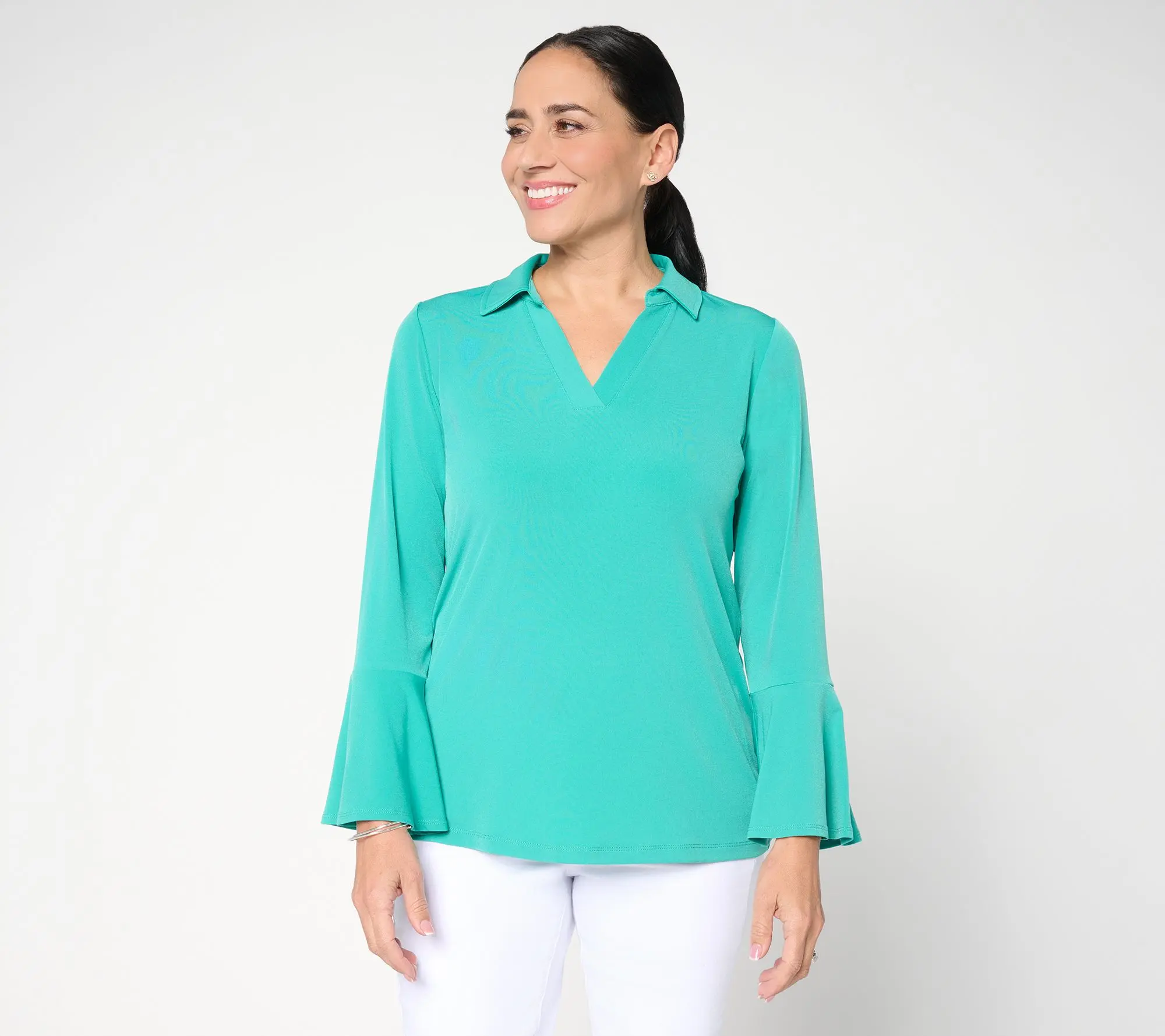 Susan Graver Regular Liquid Knit Split Neck Bell Sleeve Tunic