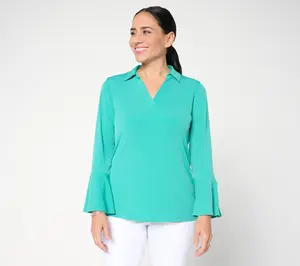 Susan Graver Petite Liquid Knit Split Neck Bell Sleeve Tunic