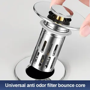 Universal Stainless Steel Wash Basin Pop-Up Drain Press-Type Sink Stopper with Insect-Proof Anti-Clogging Filter Net & Bounce Core