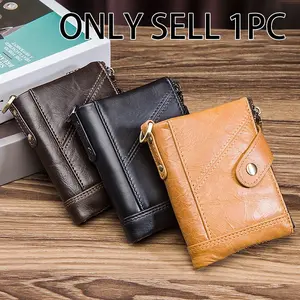 1pc Men Retro Genuine Leather Wallet, double zipper buckle design, anti scanning protection, premium top layer cowhide material, multi functional cash card holder, casual integrated coin purse, stylish practical pouch for men daily commuting
