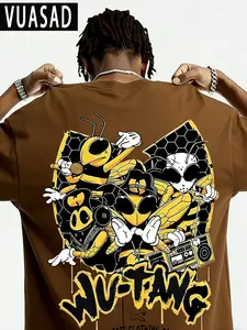 100% Cotton Casual Wu-Tang Bee Hip-Hop Streetwear T-Shirt, Loose-Fitting Long Sleeve, No Zipper, Without Collar, Fashionable Tee