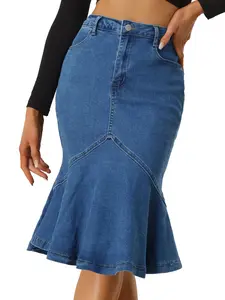 INSPIRE CHIC High Waist Bodycon Ruffles Fishtail Denim Jean Skirt Dark Blue