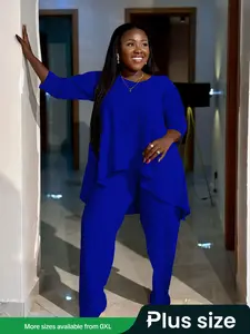 Plus Size Solid Knit Round Neck Set, 2 Counts/set  Casual Cozy Loose Long Sleeve High Low Tee & Pants for Daily Wear, Women's Outfits for Spring & Fall