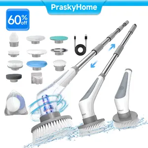 Prasky Electric Spin Scrubber, Cordless IPX8 Shower Scrubber with 9 Replacement Heads and 4 Tier Removable Handles, Dual Speed Extendable Spin Brush for Cleaning Bathroom, Kitchen, Tub, Tile, Floor, Toilet, Window Cordless Shower Scurbber Kitchen Accessor