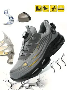 Men's Lace Up Low Top Anti Piercing & Anti Smashing Safety Shoes with Rotating Button, Casual Comfortable Breathable Contrast Mesh Work Shoes, Contrast Mesh Design Anti-slip Shoes for Outdoor Work, Working Shoes