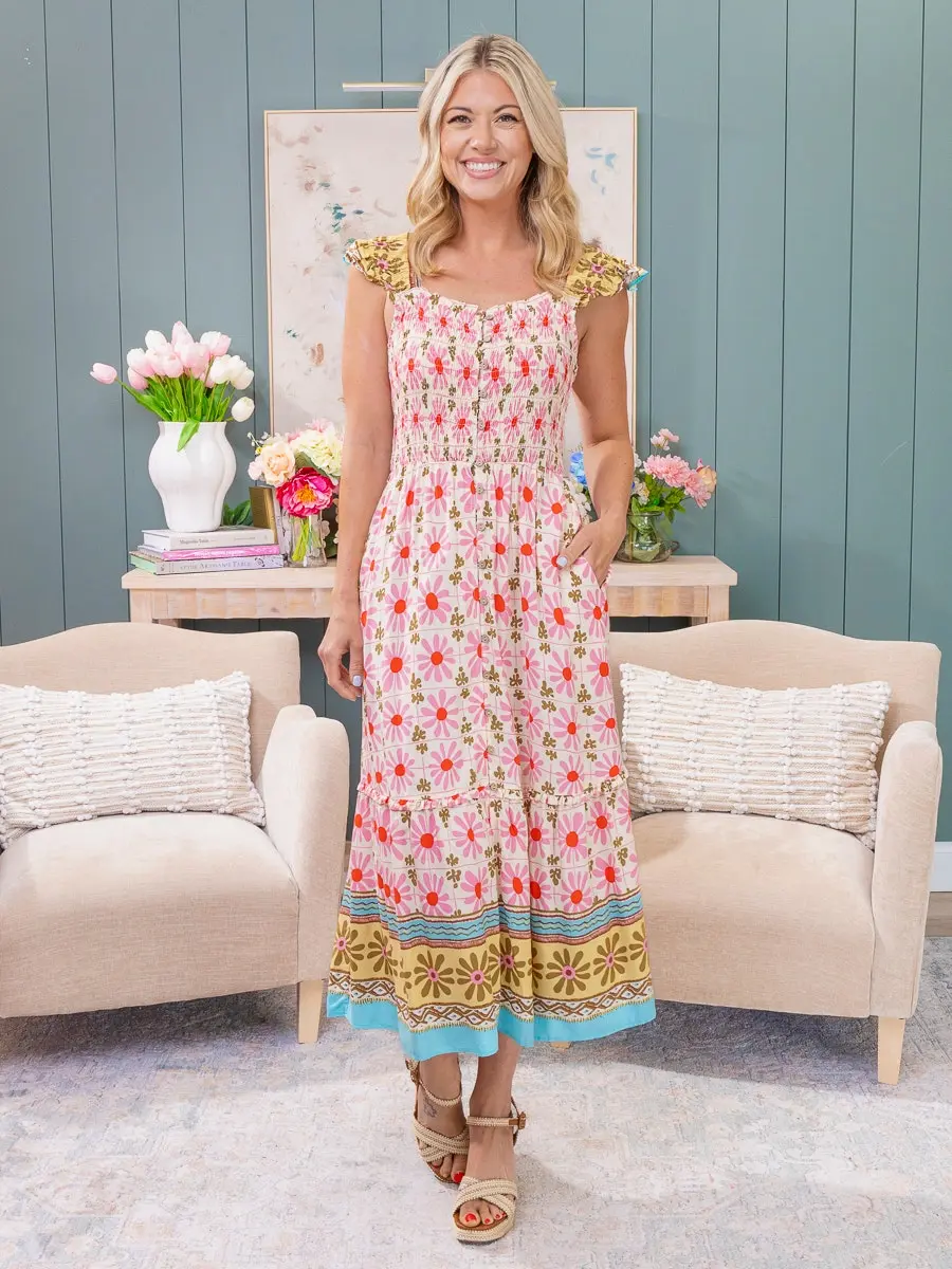 Easel Border Printed Rayon Challis Midi Dress | S-L