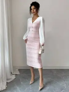 New Elegant Chic V-Neck Elastic Colorblock Mesh Bubble Sleeve Bodycon Dress, Spring & Fall Fashion, Plain Pattern, Women's Clothing