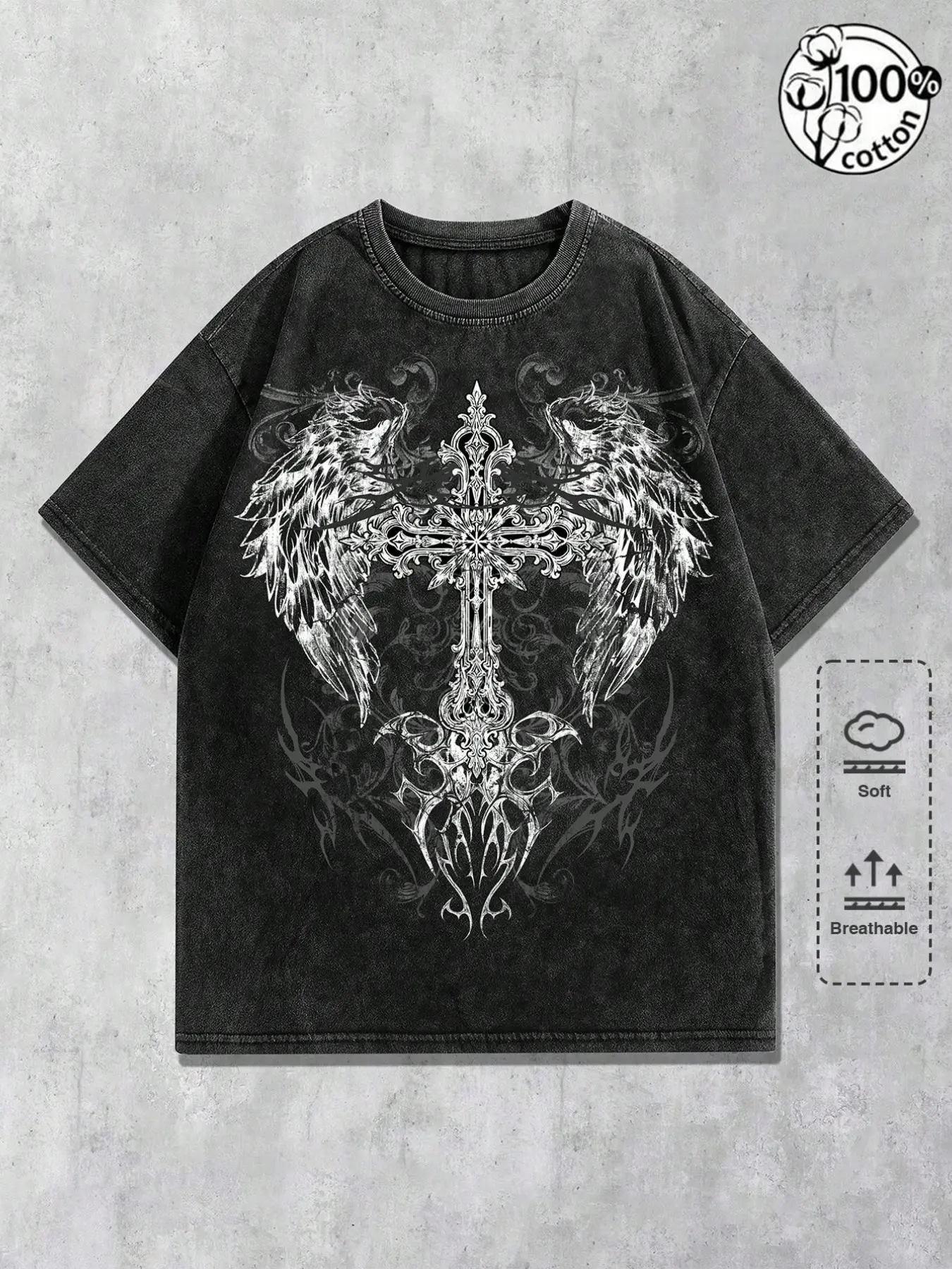Unisex 100% Cotton Washed Vintage Gothic Winged Cross Print Loose Oversized T-Shirt | Y2K Dark Aesthetic High Street American Retro Streetwear Soft Breathable Top