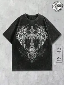 Unisex 100% Cotton Washed Vintage Gothic Winged Cross Print Oversized T-Shirt | Y2K Dark Aesthetic High Street American Retro Streetwear Soft Breathable Top