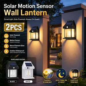 2 Pack Solar Wall Lights Outdoor Solar Wall Sconce Motion Sensor, 3 Lighting Modes Waterproof Light Fixtures, Tungsten Filament Lamp, Solar Panel and Decorative Fixture for Garden, Yard, Patio, Fence, Porch, Villa, Stairway and Wall