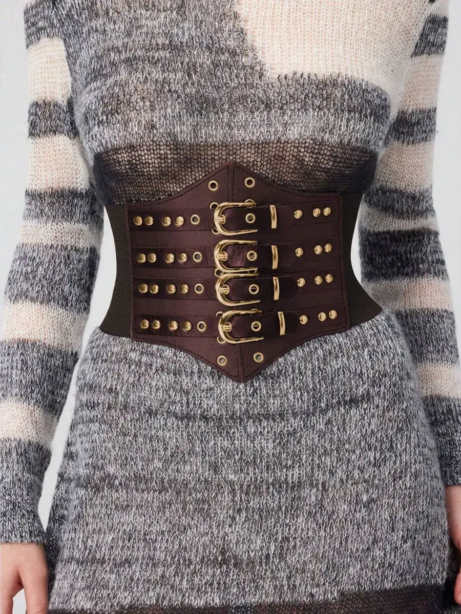 Elegant Brown Leather Belt with Gold Buckles and Studs for Stylish Outfits