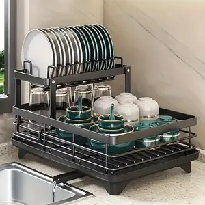 [Rust-Proof Dish Rack] 2-Tier Rust-Proof Stainless Steel Drying Rack with Drainboard - Space-Saving Kitchen Organizer for Plates, Cups, and Cutlery, Easy to Assemble, Black