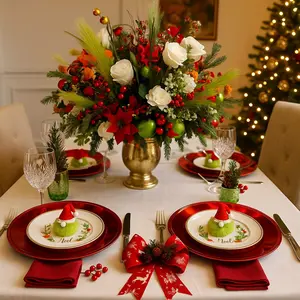 My Butterfly Effects Christmas Table Centerpiece Adorned with Hunter Green & Red Balls Greenery Red & White Roses LED Lighting for Table Centerpiece Side Table Entrance Countertops