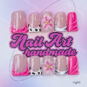 Delicatething Y2K Style Duckbill Nail Set, Nail Art, Handmade Wearable Nails, 4 Sizes XS S M L, Zebra Lines & French Design, Perfect Gift for Women, Handmade Press On