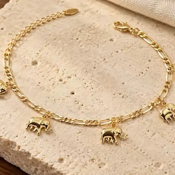 9" 14K Gold Plated Anklet with Elephant Charms - Fashionable and Elegant Design for Daily Wear