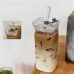 Glass Cup with Lid & Straw, 13oz Square Glass Cup, Reusable Glass Cup, Clear Glass Cup, Glass Water Cup, Drinking Glassware for Beer, Tea, Cocktail, Whiskey, Juice, Drinkware