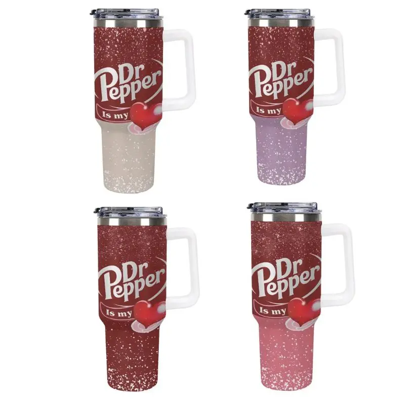 [Gift box and straw] Dr Pepper Design 40oz Tumbler, Stainless Steel Cup with Handle, Straw and Lid, Insulated Large-Capacity Drinkware for Men and Women, Perfect for Home, Office, and Valentine's Day gift