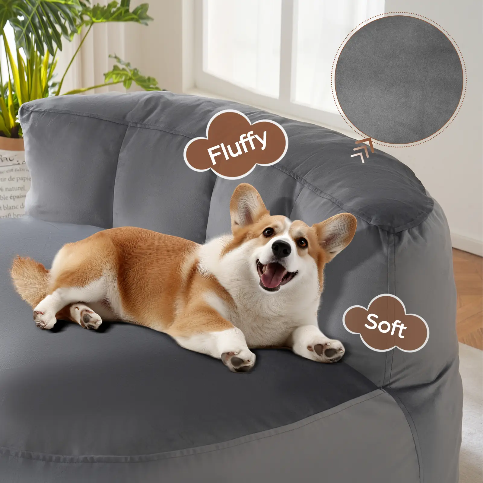 【Back to School】DOWNCOOL Oversized Velvet Bean Bag Chair for All Ages , Lazy Sofa Chair with Memory-Foam Filled, Single Round Accent Chair with Side P