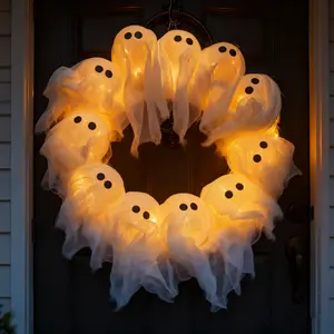 Ghost Door Wreath with LED Lights - Spooky & Cute Halloween Decor for Front Porch - Easy to Hang - Battery Operated - Perfect for Halloween Backdrop - Party Ornaments