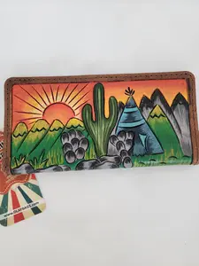 The Sarah / Genuine Leather Hand Tooled Hand painted Western  Wallet