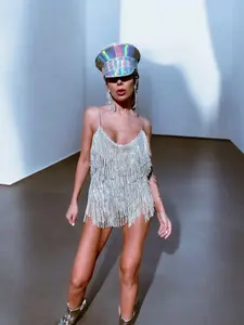Festival Sequin Fringe Rainbow Bodysuit Romper Diamond Bachelorette Cowgirl Dress Silver Cowboy Disco Costume for Women Tops - Womenswear
