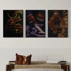 Men's 3-Piece Black Artistic Paper Wall Artwork Set - Sneakerhead Urban Graphic Prints, Adhesive-Backed Photos with Hand Tape for Living Room Home Decor