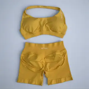 Dfyne Seamless Scrunch Bum Workout Set for Women – Halter Sports Bra & High Waisted Sculpt Gym Shorts Activewear Set