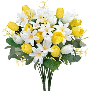 2PCS Artificial Flowers 20" Silk Tulips Lily Fake Plants Yellow Spring Decorations for Home Floral Arrangements for Indoor Vase Home Table Centerpieces Wedding Outdoor Cemetry Flowers