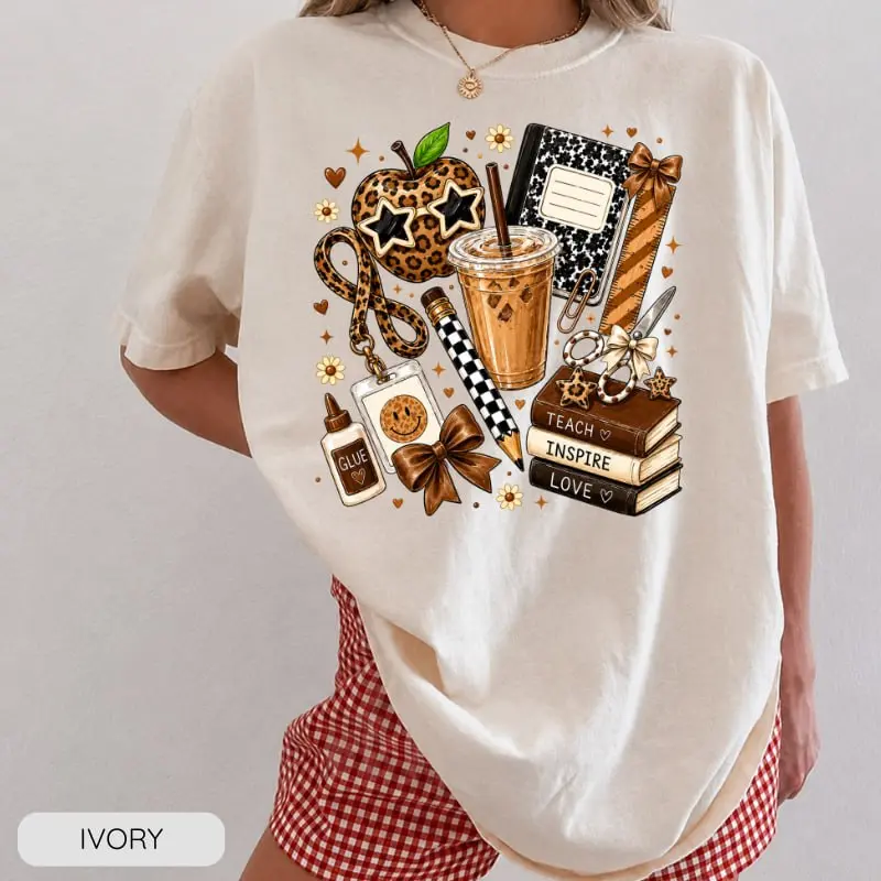 Comfort Colors Leopard Teacher Apple Shirt, Preppy Back To School T-Shirt, Checkered Pencil School Supplies Tee, Cute Educator Gift, Teacher Coffee Lover, Teacher Gift