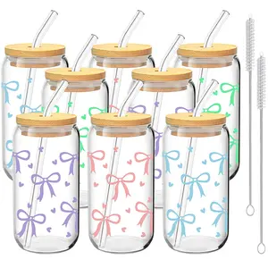 4/8 Pack Bow&Heart Pattern Glass Cups with Lids and Straws, 16oz Reusable Iced Coffee Cups, Glass Tumblers, Reusable Glass Bottles