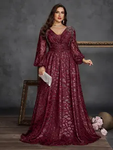 Elegant Plus Size Women's Embroidered Floral Dress with Handmade Flowers and Beads, V Neck Flare Long Sleeve a Line Formal Evening Party Gown