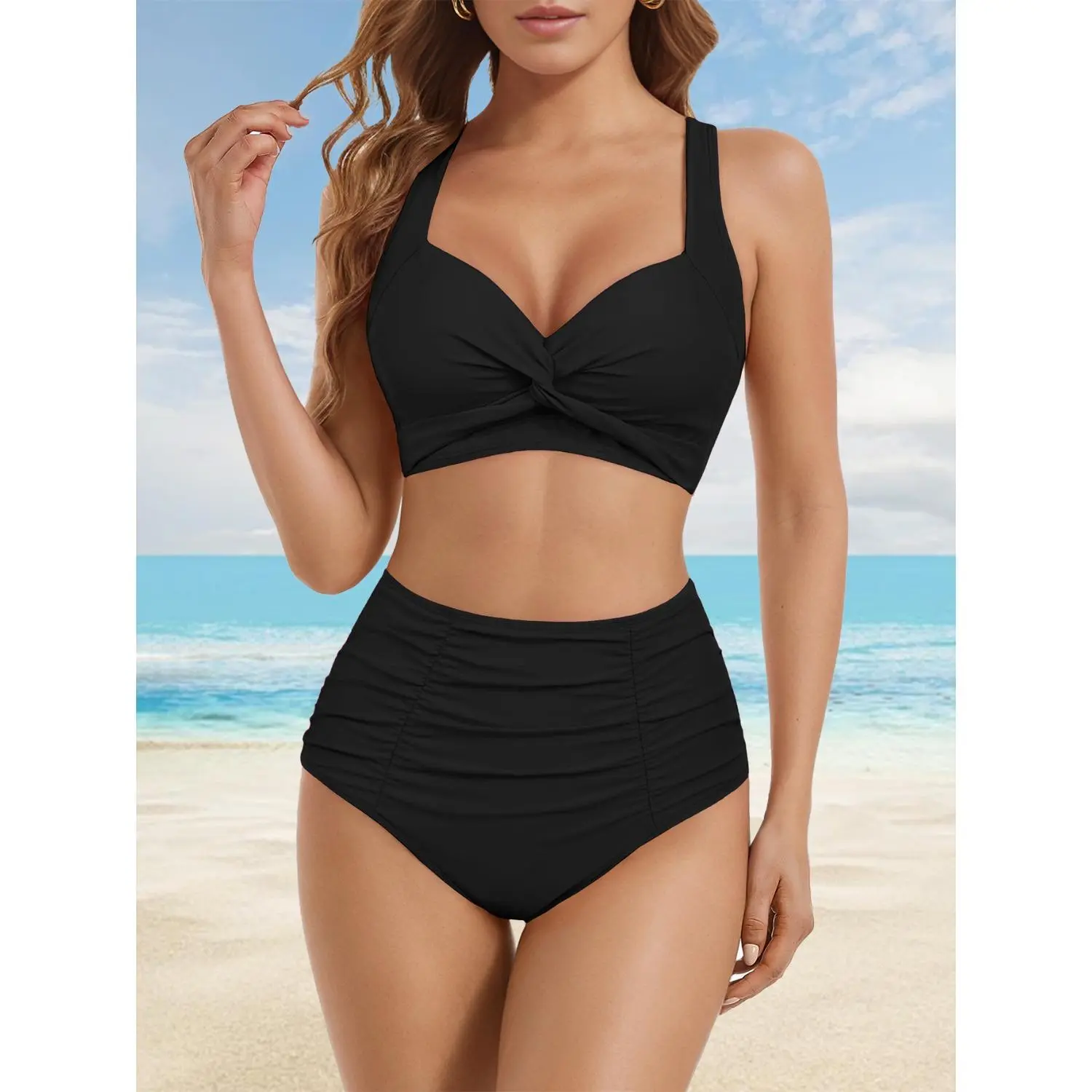 Women's High-Waisted V-Neck Chest Twist Pleated Tankini Swimwear - Elegant Design Bathing Suit