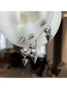 Punk Cone Earrings Set, Silver Color Hoop Earrings, Asymmetrical Pierced, Unisex Punk Rock Style, Durable Stainless Steel, Hypoallergenic, Perfect for Parties, High Quality Earrings