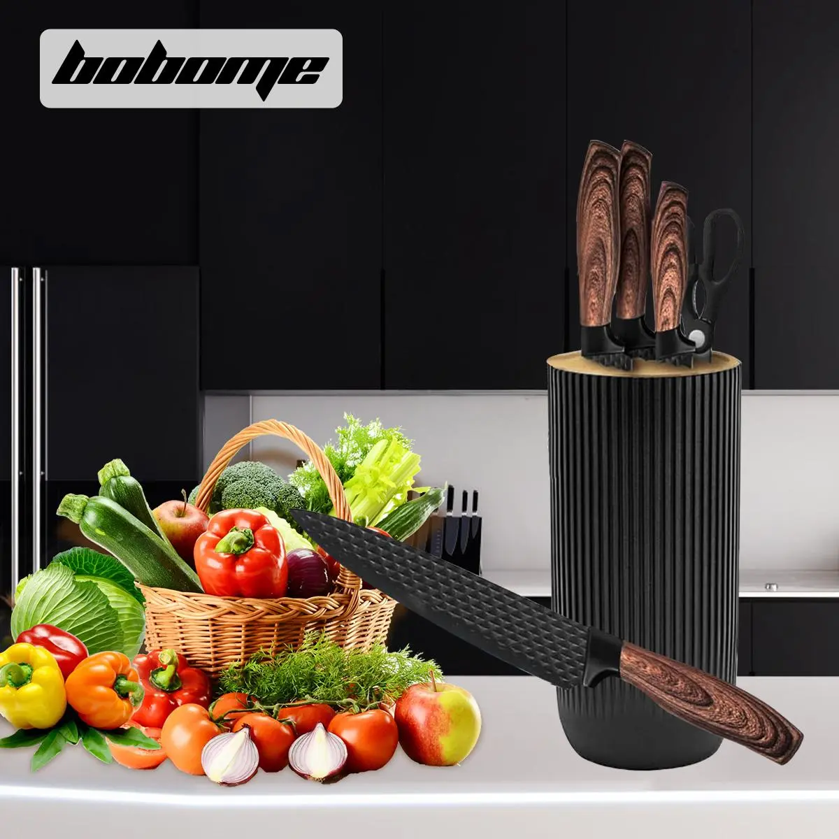 Knife Block Set, 6-Piece Kitchen Knife Set for Chef, Sharp Knife Set with Universal Knife Block Wooden,Anti-Rust Non-stick Stainless Steel Ergonomic Design Dishwasher Safe