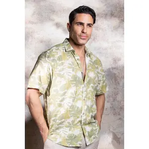 Button Down Cross Hatch with Tropical Leafy Design