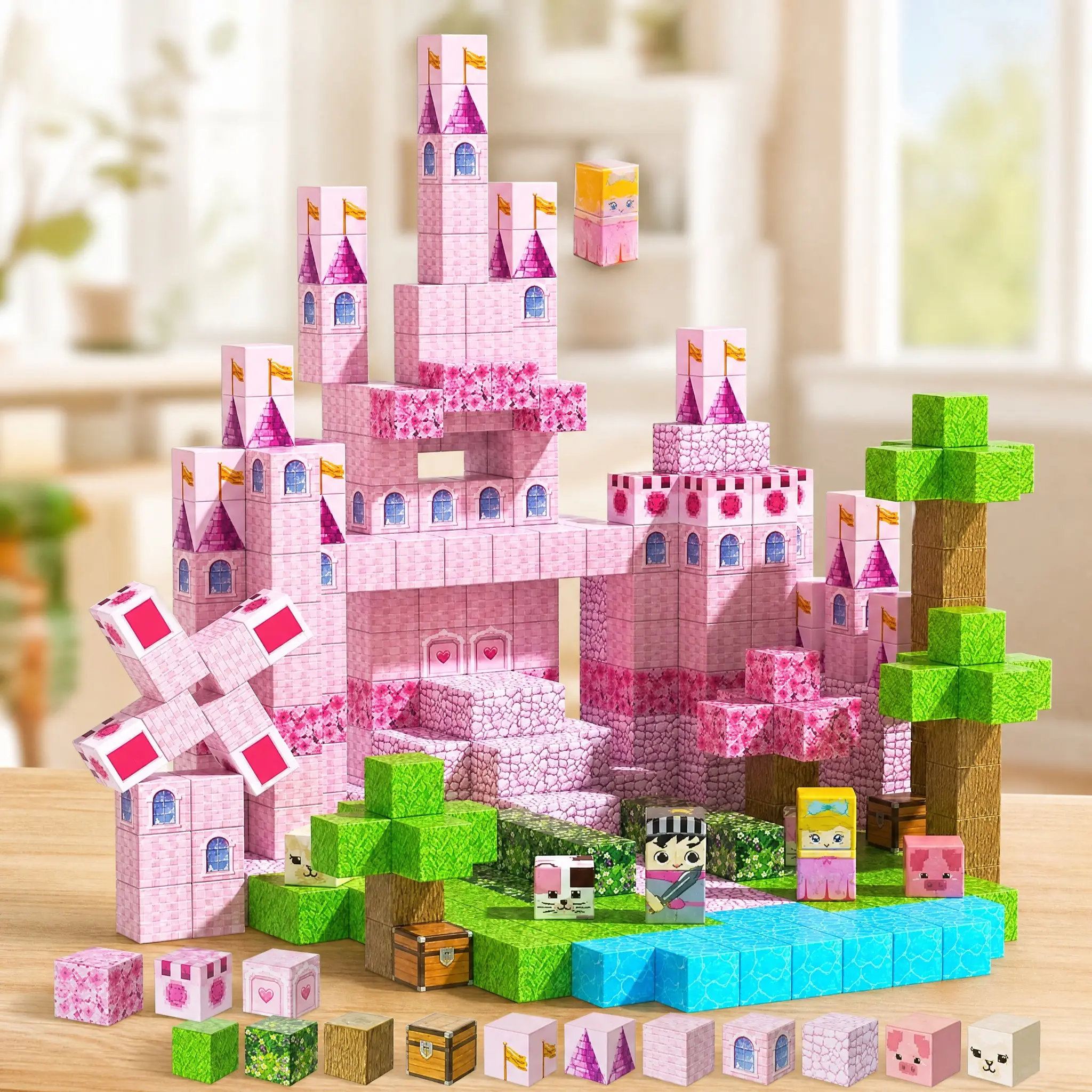 Magnetic Cube Building Bricks & Parts Set - Colorful Durable Plastic 3D Magnets, Unisex STEM Educational Puzzle for 3+ Kids, Easy Set Up, Flexible Combination, Dark Cave [100pcs], Blue Castle [100pcs], Premium Birthday Gift (Choking Hazard Small Parts)