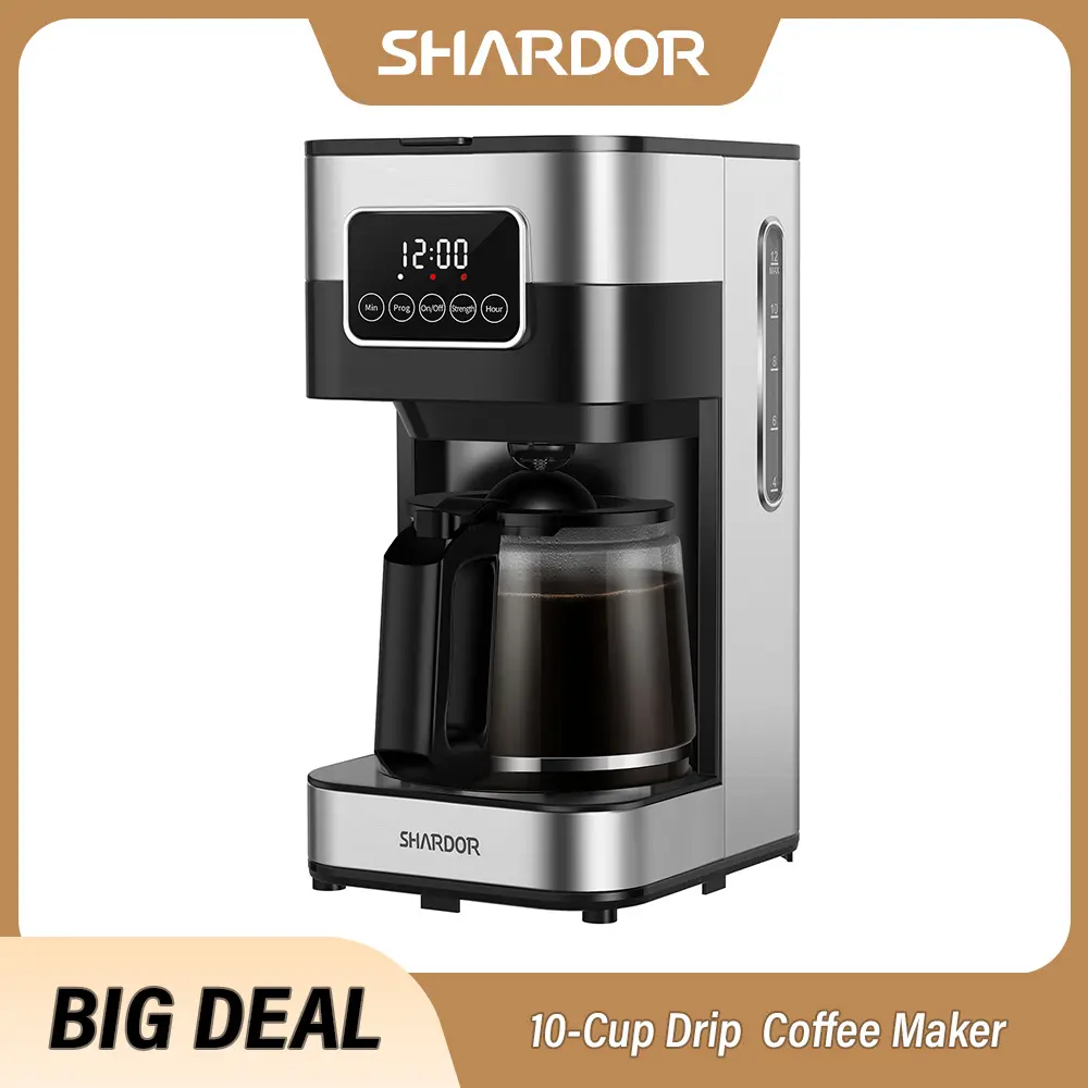 KIDISLE Automatic 10-Cup Stainless Steel Programmable Drip Coffee Maker with Touch Screen, Regular & Strong Brew Modes, Warming Plate, Auto Shut-Off, US Plug