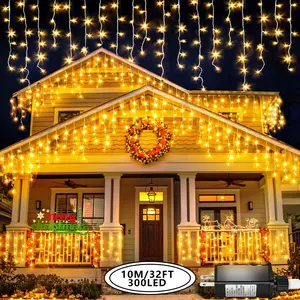 Outdoor Eaves Christmas Lights, 10M/32ft 300 LED Icicle Lights, Suitable For Outdoor Houses, Transparent Wires, 8 Modes, IP44 Waterproof Insert, Suitable For Home Holidays, Patio, Rooftop Party, Indoor Decoration