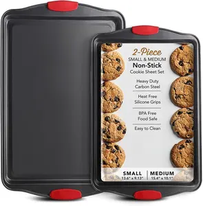 Baking Sheet Set, 2-Piece Cookie Sheet Set with Silicone Handles, Steel Baking Pan, Durable Baking Sheets for Oven, BPA Free Cookie Sheets for Baking Nonstick Set, Premium Sheet Pan, Black Baking Tray