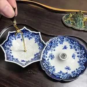 Elegant Blue Floral Ceramic Tea Strainer Set with Tassels, Decorative Umbrella Shape Filter for Home Office Table Decoration