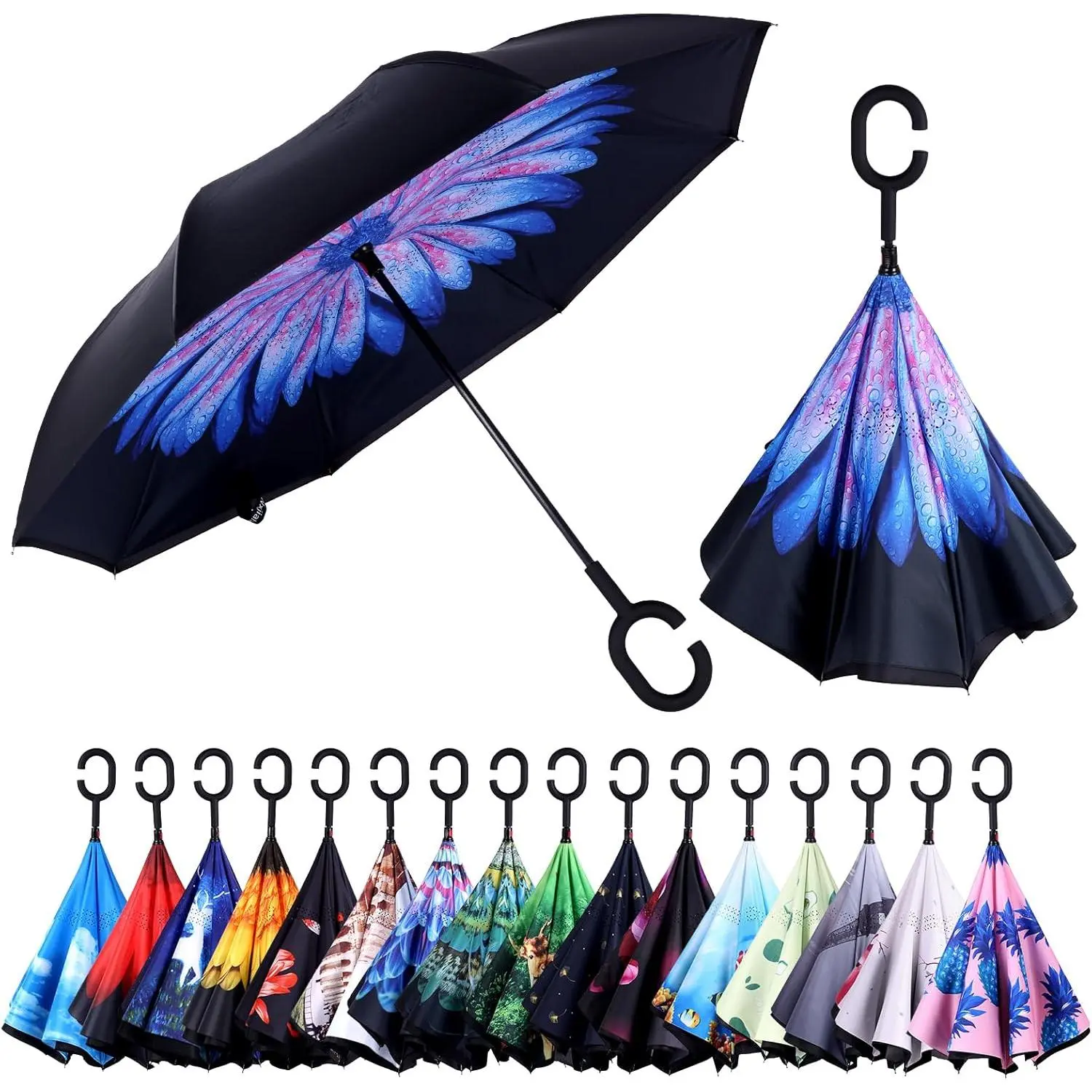 Inverted Umbrella, Windproof Reverse Umbrellas for Rain with Reversible Inside-Out Design Large Upside Down Umbrella for Women & Men with C-shaped Handle (Blue Flower)