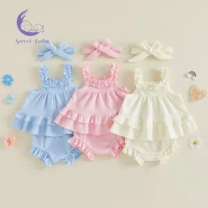 Baby Girl Summer Outfits Solid Color Waffle Sleeveless Tank Tops Elastic Waist Shorts Headband 3Pcs Clothes Set