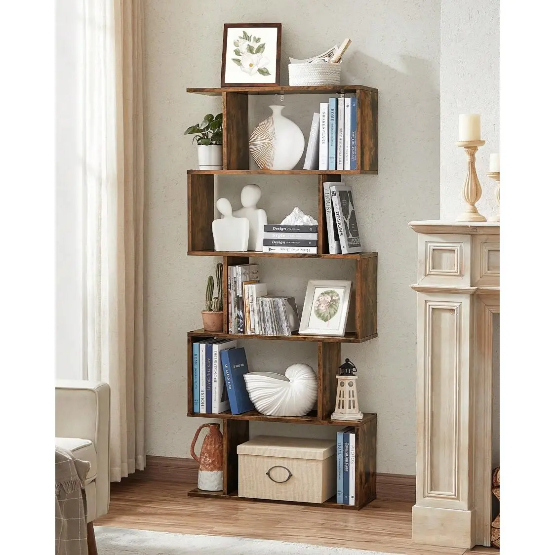 Bookshelf, 5-Tier Bookcase, Tall Display Shelf, Freestanding Storage Shelf, Room Divider, For Home Office, Living Room, Bedroom, Study, Ebony Black Reversible L-Shaped Desk with Electric Standing Country-Style TV Stand Rolling