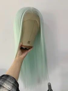 Light Mint Green Long Silky Straight Wig, Highlight 13x4 Lace Front Wig for Women, Green Mix White Color Synthetic Fiber, Synthetic Material Wigs, Heat Resistant, Natural Hairline, Daily Wear, Role Play Party Wig